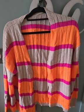 Boutique Beige Striped Open-Front Sweater Cardigan with Orange and Pink Accents